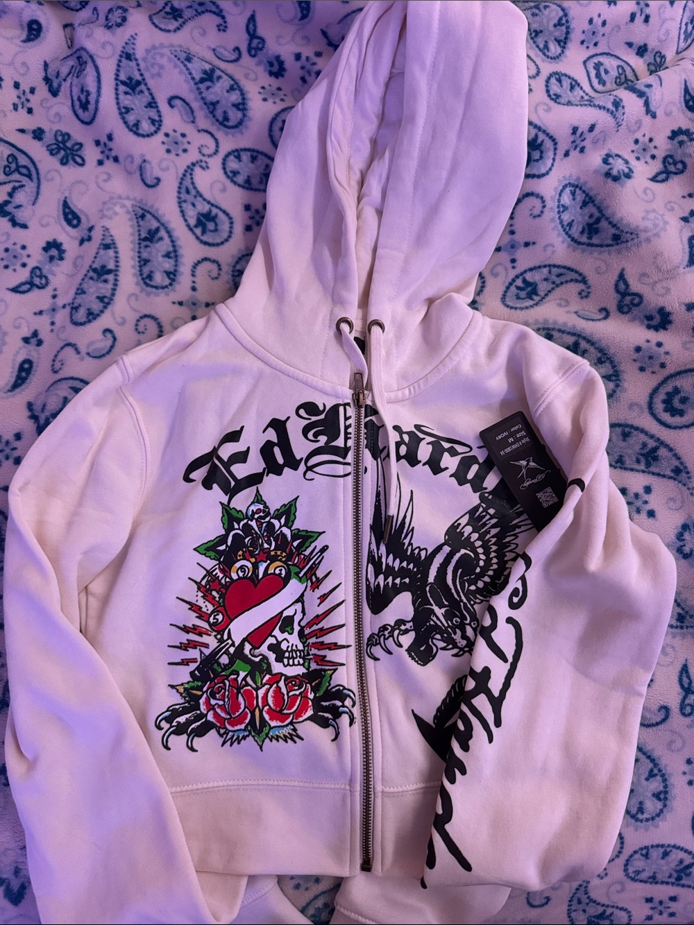 Ed Hardy Girls' White Graphic Zip-Up Hoodie